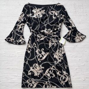 Calvin Klein Baroque Chain Print Sheath Dress NWT Flare Sleeve 8